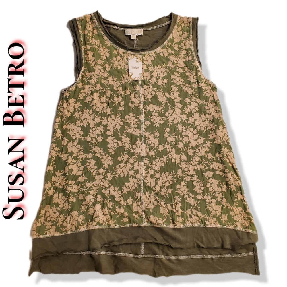 Weekend Susan Betro Sage Cream Floral Sleeveless Tunic Blouse Top NWT Size M